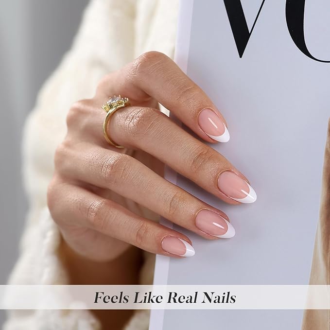 SHANGMENG White French Tip Press on Nails Short - Soft Gel Almond Nails for Women Gift, Fit Perfectly & Natural Glue on Nails in 16 Sizes - 32 Reusable Fake Nails with Glue, French White