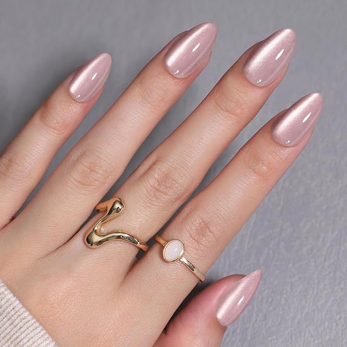 SHANGMENG Pink Cat Eye Press on Nails Short - Soft Gel Press on Nails Almond for Women Gift, Fit Perfectly & Natural Glue on Nails in 16 Sizes - 32 Reusable Fake Nails with Glue, Beige Pink