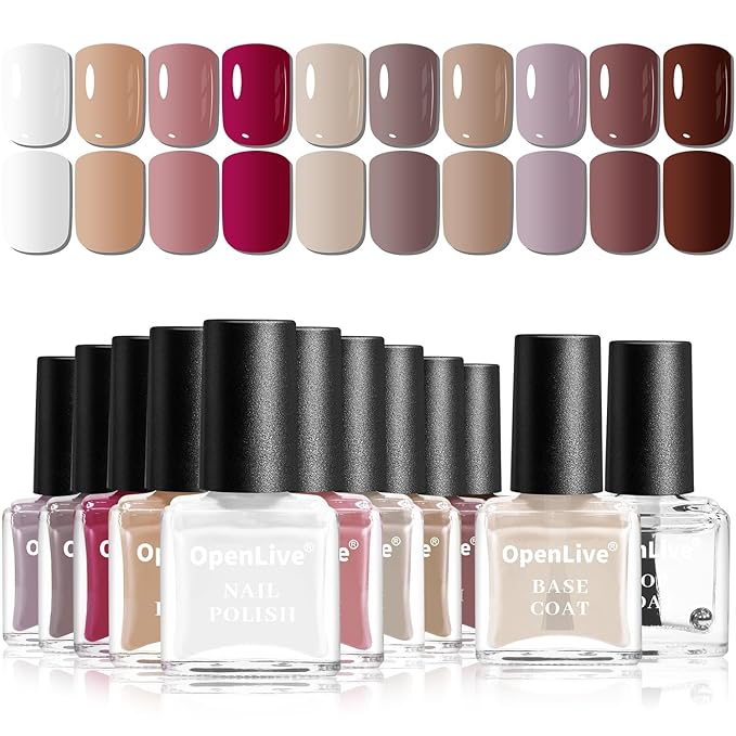 OpenLive 12 PCS Nail Polish Set 10 Color With 2PCS Base and Top Coat Quick Drying Fall Nude Brown White Red Color Holiday Gift for Her