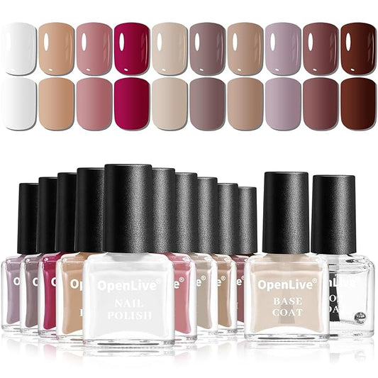 OpenLive 12 PCS Nail Polish Set 10 Color With 2PCS Base and Top Coat Quick Drying Fall Nude Brown White Red Color Holiday Gift for Her
