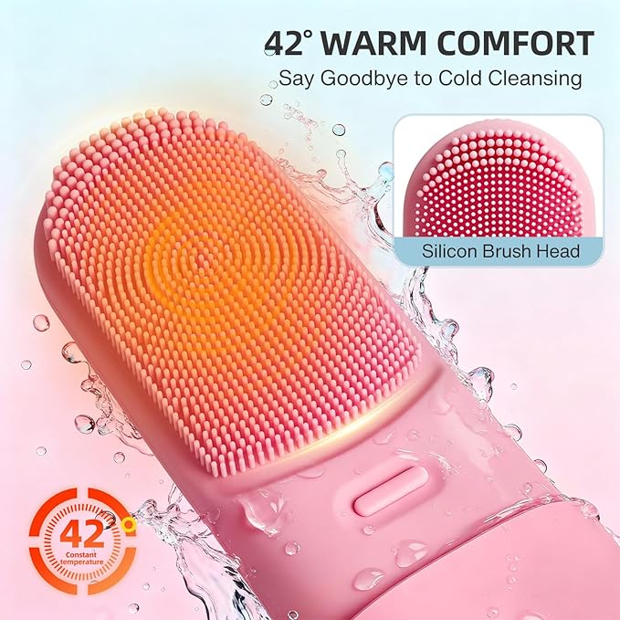 Facial Scrubber Electric Facial Cleansing Brush with Heated, Makeup Remover Cleansing Exfoliating and Massaging,3 Modes,Waterproof Rechargeable Silicone face Brush for Woman & Men(Mist Rose Pink)