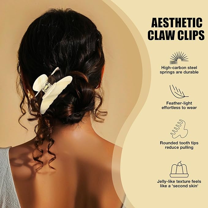 Big Hair Claw Clips for Thick Hair, Tortoise Shell Nonslip Large Cream Hair Clips, Celluloid Butterfly Jaw Clips, Strong Hold for Women