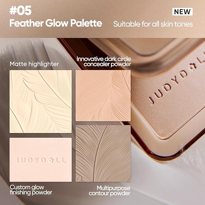JUDYDOLL Highlight & Contour Palette, All-in-One Matte Highlighter Contour Compact, stocking stuffers, Blendable Makeup for Beginners, for All Skin Tones (05 Feather Glow Palette)