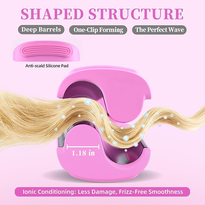 NONK Power Curling Iron Hair Crimper Waver, Ceramic Double Barrel Curling Wand, 1.25 Inch, Dual Voltage, Anti-Scald, Easy to Use, hot Tools Curling Iron for Women, bio Ionic, Pink, Gifts for Women