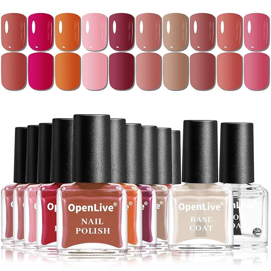 OpenLive 12Pcs Rose Nail Polish Set with Base and Top Coat Burgundy Dark Wine Cherry Red Hot Pink Fingernail Polish Kit Air Quick Dry Regular Finger Nail Polish Pack for Women Gift Holiday