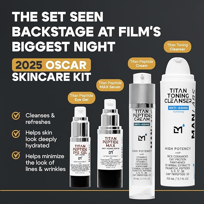 Man Labs Titan Oscar Anti-Aging Mens Skin Care Kit – Wash, Face Serum, Eye Cream, Mens Face Moisturizer – Men, Skin Care Set – Dark Circles, Wrinkles, Fine Lines – Vitamin C, Peptides, Niacinamide, HA
