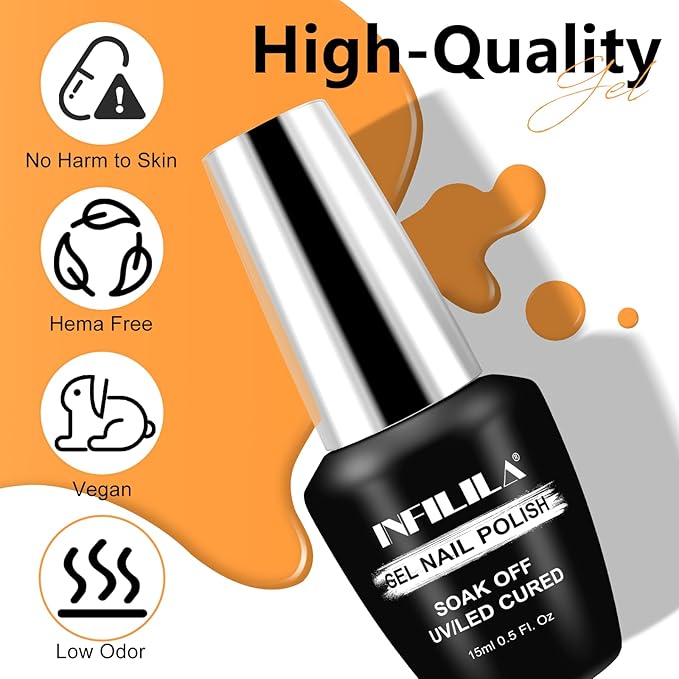 NXJ INFILILA Bright Orange Gel Polish, 15ml 0.51oz One-Stroke Coloring Orange Gel Polish, Hema Free Spring Color High Gloss Soak Off UV Nail Manicure DIY for Women Girls SQ065