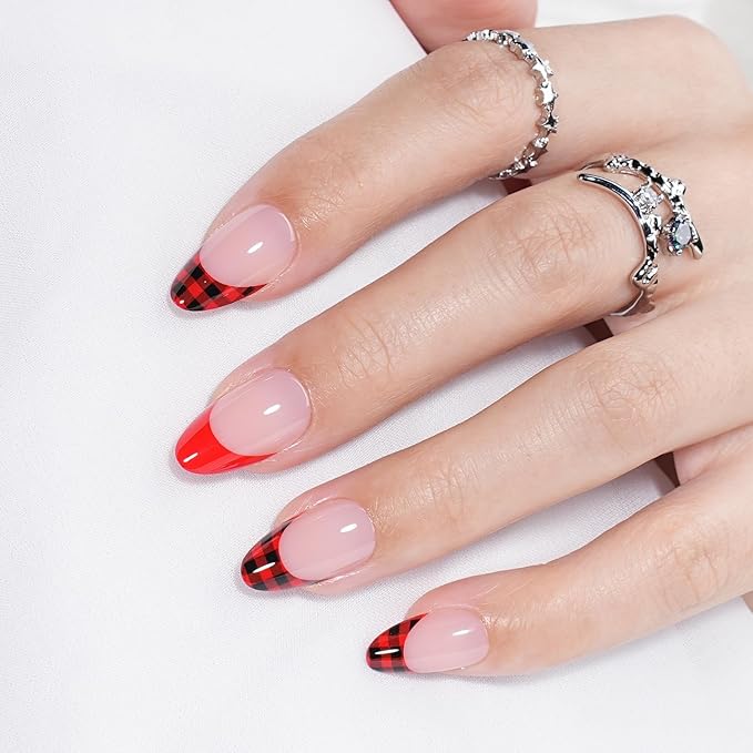 Leefrei French Tip Press on Nails - Glossy Red Press on Nail, Short Almond Fake Nails Reusable Nails Press ons for Women, 32 Pieces in 16 Sizes False Nails Kit with Glue, Tartan Cheer