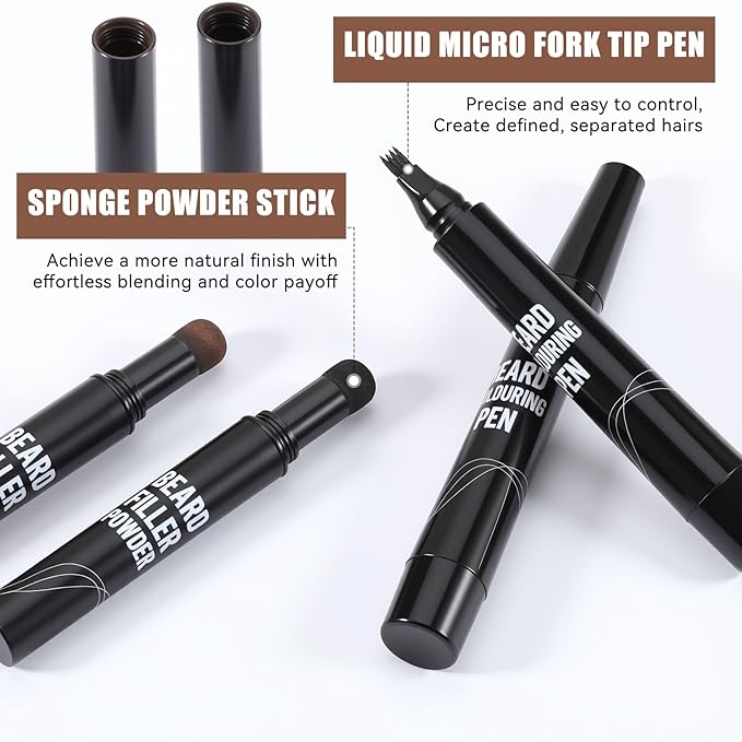 KGAJSGH Men's Beard Pencil & Powder Stick, Micro Fork Tip Beard Filler, Waterproof Beard Color Pen for Natural Looking Beard Mustache, Eyebrows, Hairline Coverage, Waterproof
