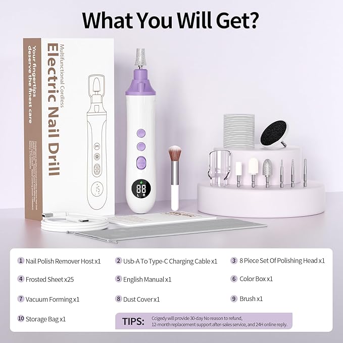 Ccigedy Professional Manicure Pedicure Electric Nail File for Thick Nails Hand Feet Care,Cordless Toenail Grinder 15 Speed,Nail Drill with LCD Screen,Ideal Valentine's Day Gift for Women/Men-Purple