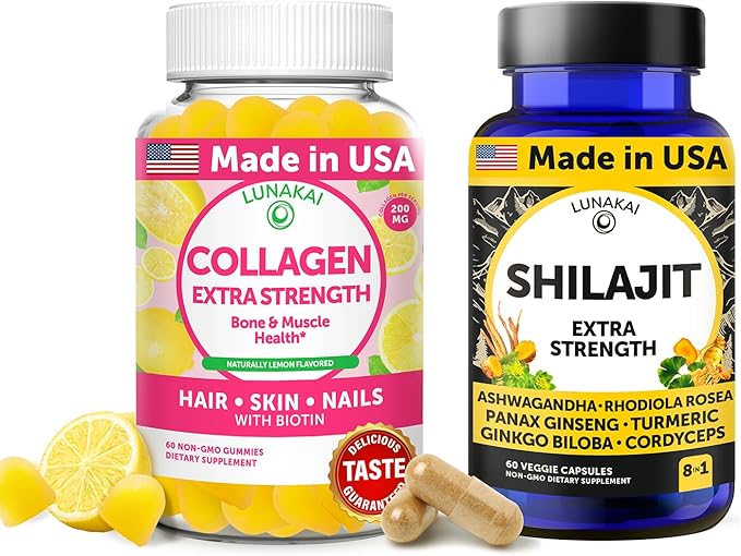 Lunakai USA Made Collagen Gummies & Shilajit Capsules Bundle - Hair, Skin, Nails, and Energy Support