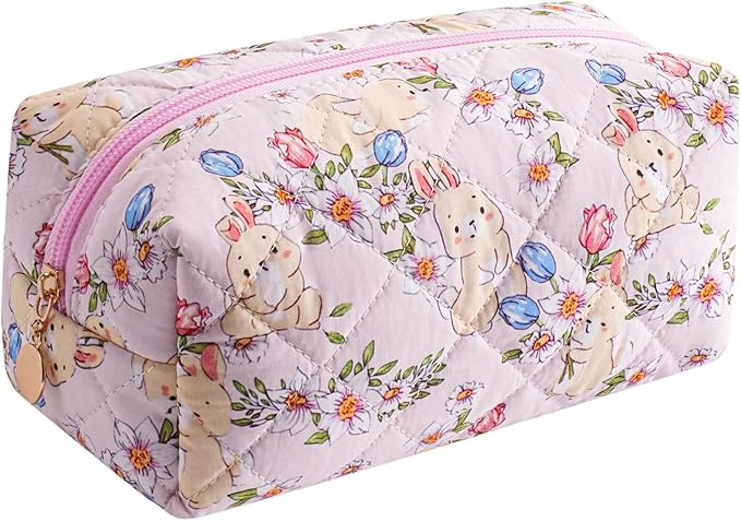 Cute Floral Makeup Bag Small Cotton Quilted Cosmetic Bag, Aesthetic Essential Bag Emergency Bag Gift for Women Girls Travel Accessories (Yellow Rabbit)