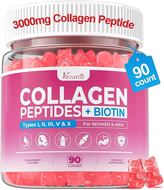 Vazatisi Sugar Free Collagen Gummies for Women & Men with Hydrolyzed Collagen Peptides, Biotin & Vitamin C, Multi Collagen Types I II III V X for Skin Hair Nails Digestive & Immune Health, 90 Count