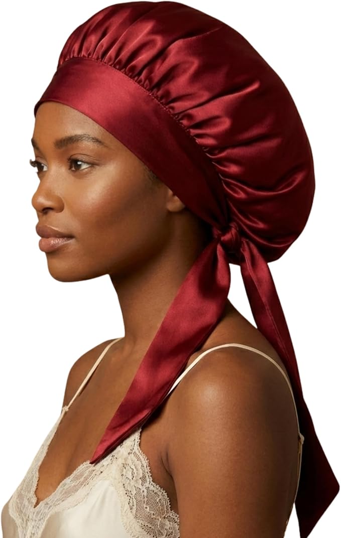 100% Mulberry Silk Hair Sleep Bonnet - Reversible Sleep Bonnet for Women, Wide Band Adjustable Tie, Night Cap for Curly Hair