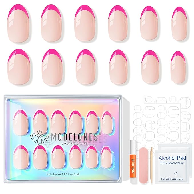 Modelones French Tip Press on Nails Short, Oval Fake Nails, Reusable Nail Kit with Nail Glue Adhesive Tabs Mini Nail File, Nails Press Ons 32Pcs 16Sizes, Women Girl Gift, Hot Pink, Valentines