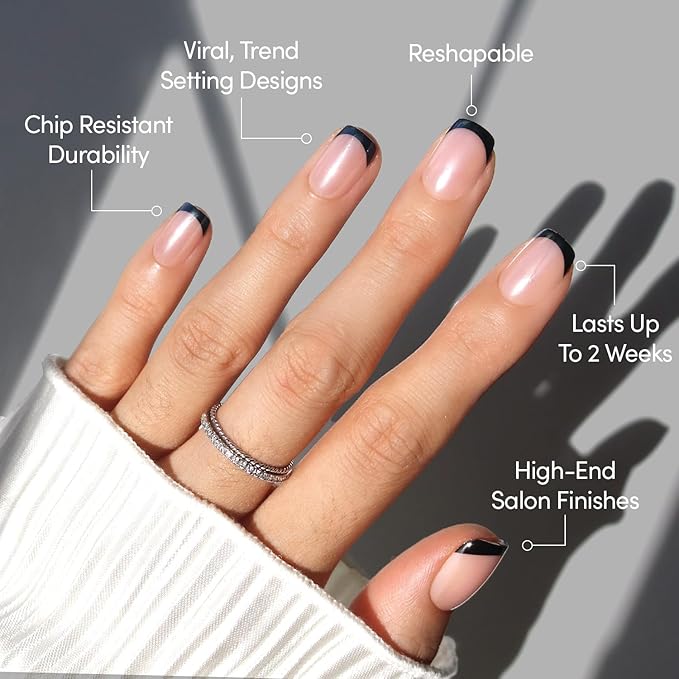 Glamnetic Press On Nails - Squid Ink | Short Squoval Black French Tip Fake Nails, Salon Quality French Manicure | 15 Sizes - 30 Nail Kit with Glue