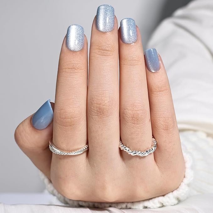 Leefrei Press On Nails, Short Square Blue Press on Nails Arctic Glazed Nails Press Ons for Women DIY Fake Nails Kit with Glue, Glossy Reusable Glue on Nails Short in 15 Sizes - 30pcs, Arctic Glaze