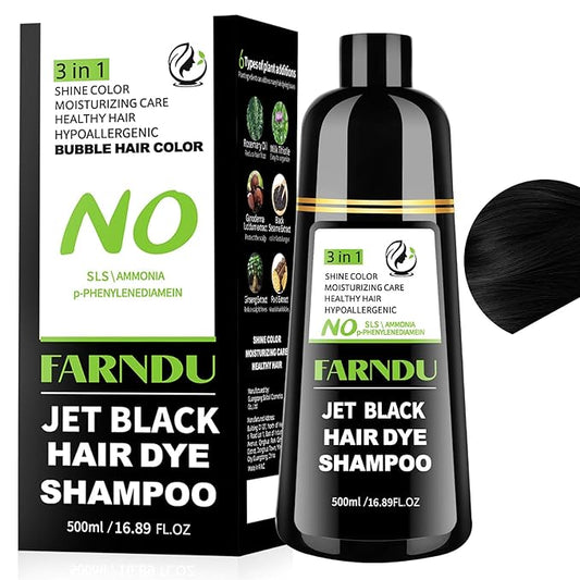 Farndu Jet Black Hair Dye Shampoo Ammonia-free & PPD-free, Gray Hair Coverage Natural Herbal 3 in 1 Hair Color Shampoo for Women Men