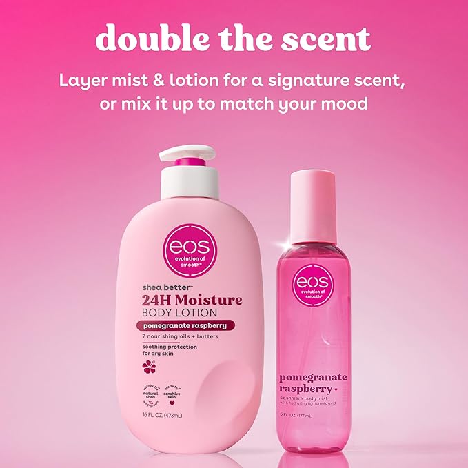 eos Cashmere Body Mist, Pomegranate Raspberry, Body Spray for Women, Hair Mist, Fruity, Moisturizing, Hyaluronic Acid, Glycerin, Vegan, Cruelty-free, 6 fl oz