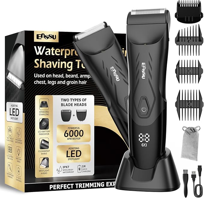 ENSSU 2-in 1 Body Hair Trimmers for Men, Pubic Groin Hair Trimmer for Men with Dual-Head Trimmer & Foil Blade, Electric Ball Trimmer Razors w/Light, Charging Dock, Waterproof Body Groomer Shaver Kit