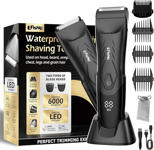 ENSSU 2-in 1 Body Hair Trimmers for Men, Pubic Groin Hair Trimmer for Men with Dual-Head Trimmer & Foil Blade, Electric Ball Trimmer Razors w/Light, Charging Dock, Waterproof Body Groomer Shaver Kit