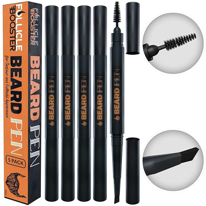 Beard Pen Filler for Men - Barber Styling Grooming Pencil - Waterproof, Sweat Proof, Long Lasting Solution with Natural Finish - Cover Beard and Scalp Patches in Seconds - Medium Black 5 Pack