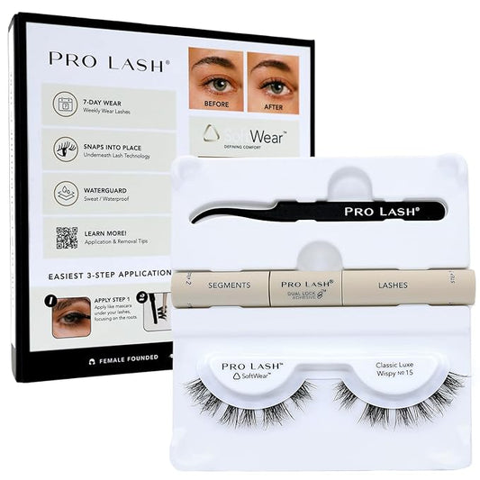 Pro Lash SoftWear Mini Lash Clusters Kit - Seamless, Lightweight Lashes - 7-Day Cluster Eyelash Extensions - False Eyelashes Plus Adhesive and Tweezers - Classic Luxe Wispy No. 15 Black
