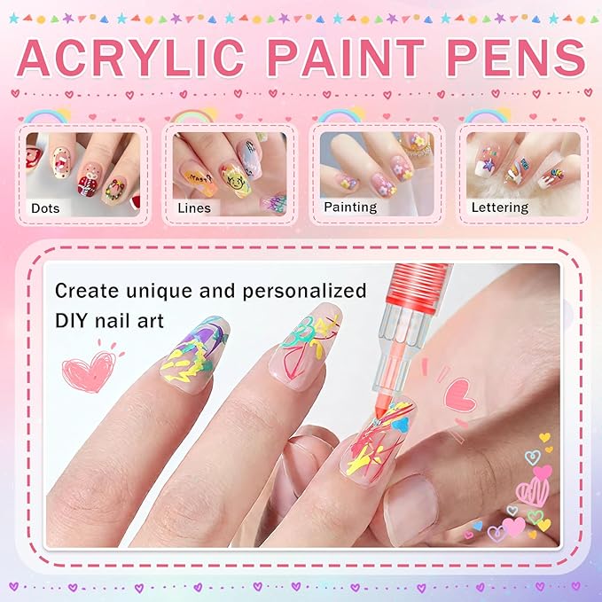 IONSGAKO 12 Colors Nail Art Pens Set, Nail Polish Pens for Nail Art Quick Drying 3D Acrylic Paint Markers for Painting Dotting Liner Pen Nail Salon DIY Design Kit 0.5mm