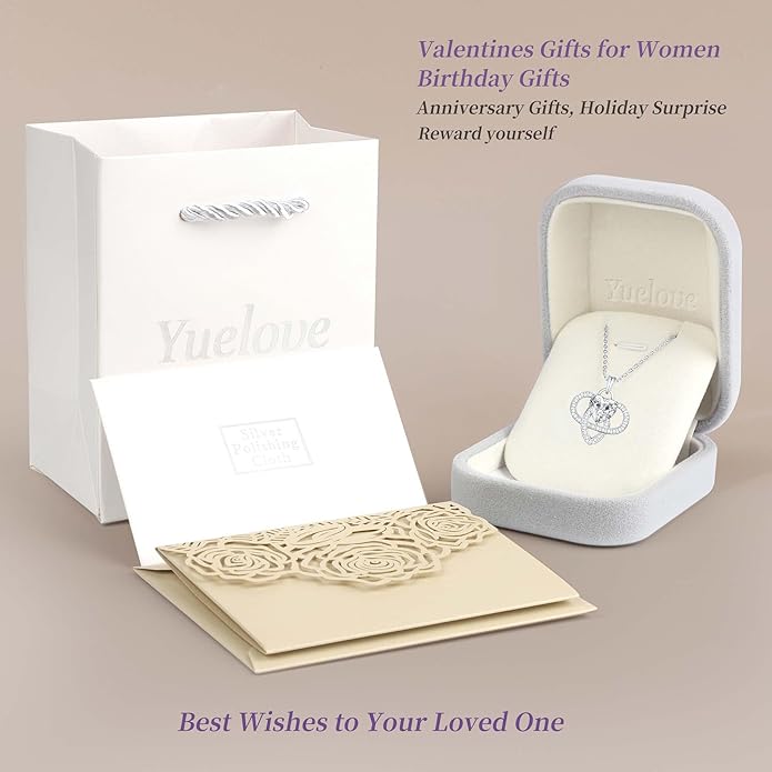 Yuelove Infinity Necklace for Women, 925 Sterling Silver Heart Necklace with 5A Zircon, White Gold Plated Adjustable Chain, Gift for Valentine's Day, Birthday, Anniversary for Wife, Girlfriend, Mom
