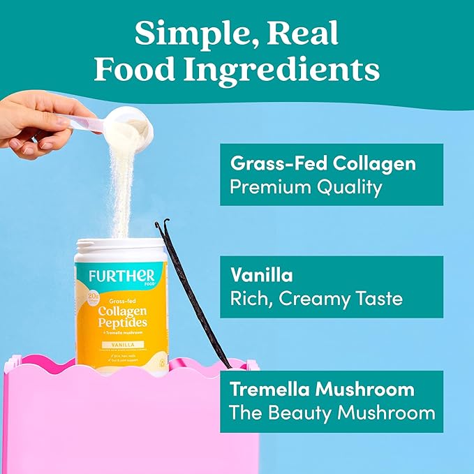 Further Food Vanilla Collagen Peptides Powder with Tremella Mushroom – 100% Grass-Fed, Hydrolyzed Type 1 & 3, 20g of Collagen per Serving, Supports Skin, Hair, Nails & Joints, 22.22 Oz