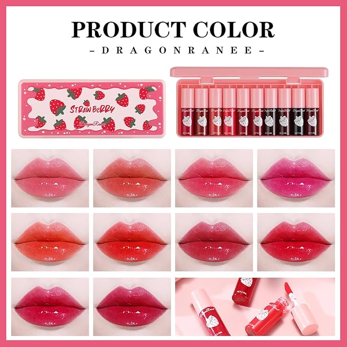 10 Colors Lip Stain Tint Set, Korean Lip Gloss for Women, Watery Mini Liquid Lipstick Long lasting, Lightweight, Multi-Use Lip and Cheek Tint, High Pigment, Vivid Color Lip Makeup