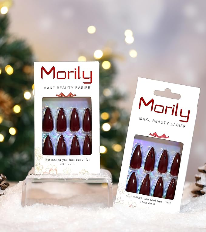 morily 24Pcs Wine Red Press on Nails Medium Length Stiletto False Nails Long Fake nails Glossy Acrylic Stick on Nails Solid Color Almond Full Cover Artificial Nails for Women (Wine Red)