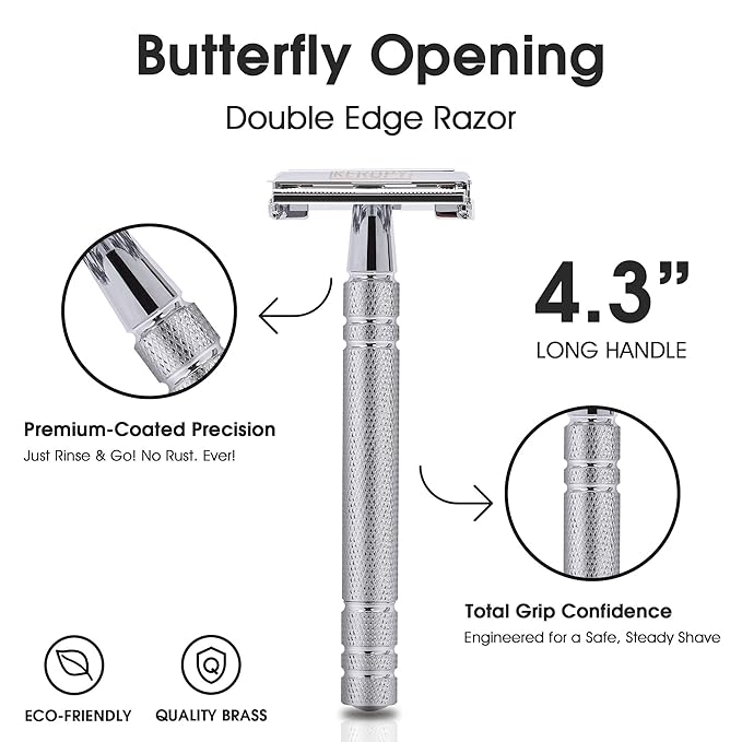 KEROPY Men's Safety Razor Double Edge with 10 Blades – Reusable Metal Shaver for a Close, Smooth & Irritation-Free Wet Shave, Eco-Friendly Grooming Kit for Men