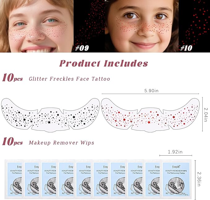 HOSAILY 10 Styles Red Glitter Freckles Face Tattoo, Waterproof Sparkle Cute Star Butterfly Face&Body Glitter Speckles Patches for Women, Metallic Temporary Tattoo Accessories Makeup for Rave