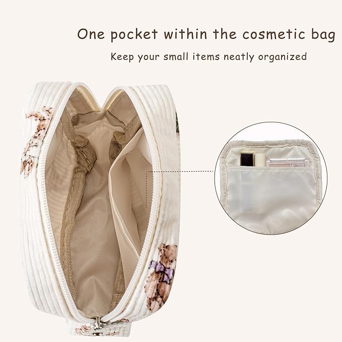 uekeboag Cute Small Corduroy Zipper Makeup Bag, Mini Coquette Aesthetic Pouch with Bear Pattern for for Purse,Key Pocket Lipstick Bag Card Holder Data Cable Organizer for Women Girls (05Great Bear)