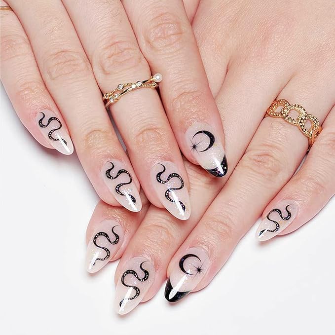 GLAMERMAID White Press on Nail Medium Almond, Natural White Crush Nail, Stiletto Fake Nail with Glitter Snake Design, Short Oval Stick Glue on Nail Tips for Women, Reusable Acrylic False Nail Kit