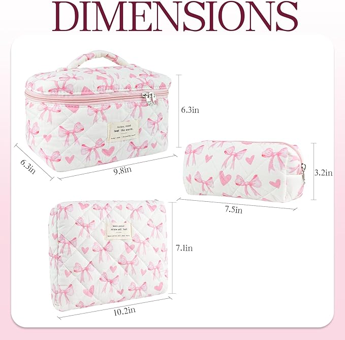 Makeup Bag, 3 PCS Quilted Makeup Bag, Cute Floral Cotton Cosmetic Bag set, Coquette Makeup Pouch Large Travel Toiletry Bag