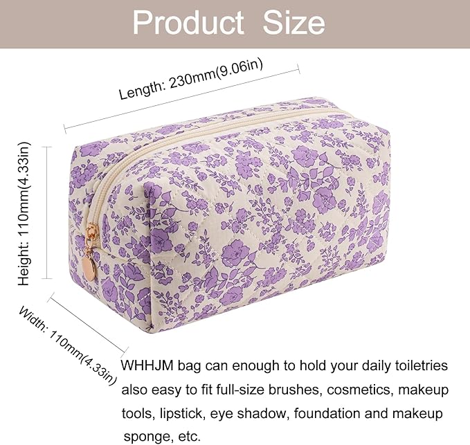 Cute Floral Makeup Bag Small Cotton Quilted Cosmetic Bag, Aesthetic Essential Bag Emergency Bag Gift for Women Girls Travel Accessories (Light Purple Floral)
