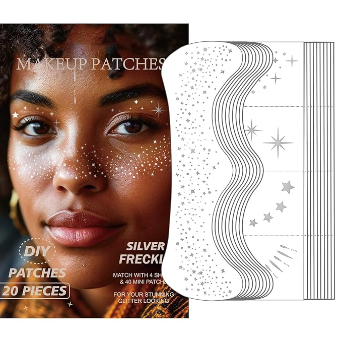 20 Pcs Silver Face Makeup Patches, Glitter Freckles Face Tattoo, Sparkle Makeup Patches, Glitter Freckles,Waterproof Face Glitter Patches for Women (Silver)