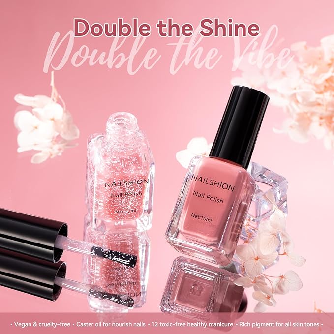 Nailshion Dusty Rose Nail Polish and Sheer Pink Dot, 2 Colors Light Pink Nail Polish Duo Non-Gel, Opaque, Fast Dry & Long Lasting Glossy Nail Art Gift for Women