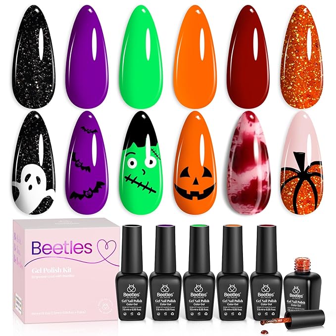 Beetles Gel Nail Polish Set - Hocus Pocus 6 Colors Gel Polish Orange Green Purple Black Red Glitter Winter Colors, Soak Off Nail Lamp UV LED Cured Nail Art Design Manicure Gift for Women