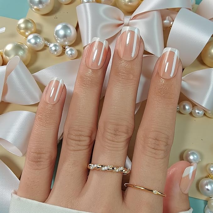 RPNZL Press On Nails - Sweetie | Short Square French Tip, UV Finish Almond Nails, Salon Quality | 32 Nails, 16 Sizes Kit with Glue and Adhesive Tabs I Female Founded