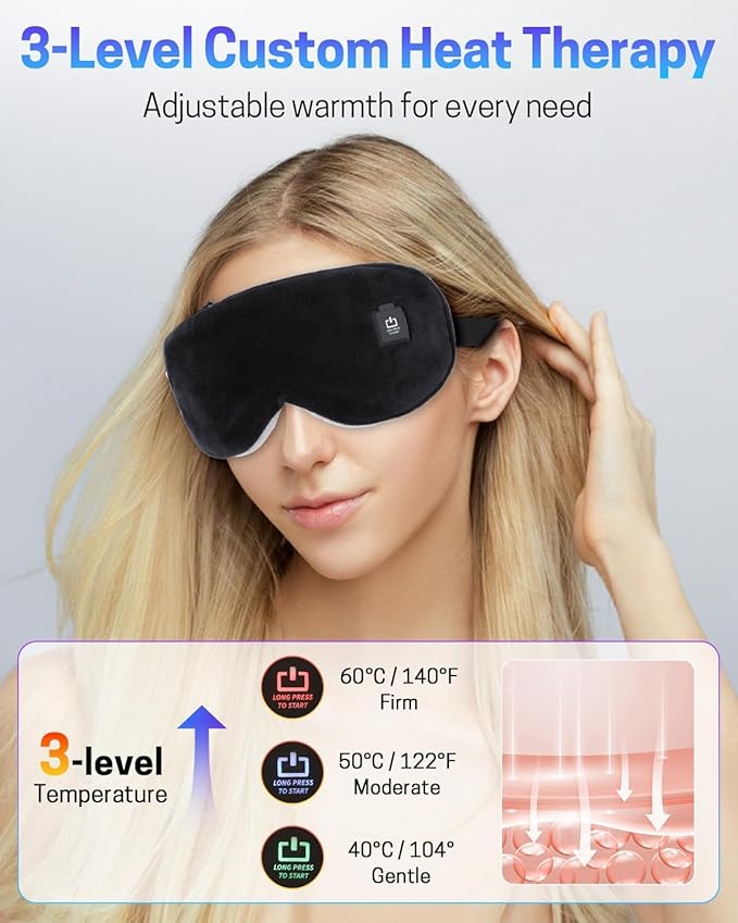 Heated Eye Mask for Dry Eyes, Stye Relief and Improved Sleep - Cordless Rechargeable Warm Compress with Graphene Heating, 3 Temp Settings, Auto Shut-Off, Washable Sleep Mask for Travel