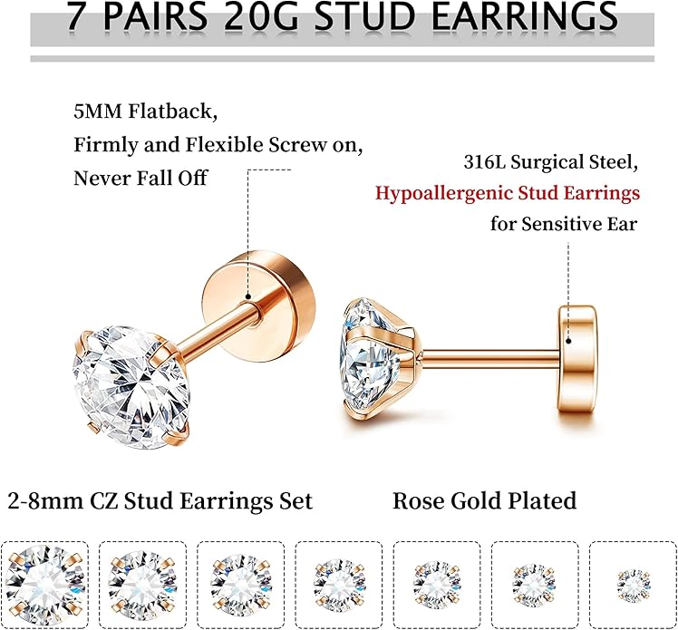 Fansilver 20G Hypoallergenic Flat Back Earrings for Women Men Silver 14K Gold Stainless Steel Stud Earrings Brithstone Cubic Zirconia Studs Surgical Steel Cartilage Earrings for Sensitive Ears