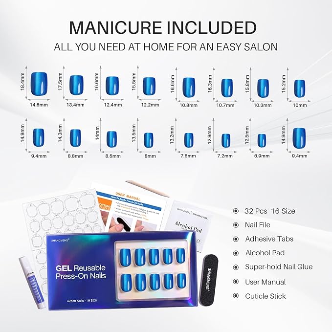 SHANGMENG Blue Cat Eye Press on Nails Square - Soft Gel Press on Nails Short for Women Gift, Fit Perfectly & Natural Stick on Nails with Glue in 16 Sizes - 32 Reusable Fake Nails, Royal Blue