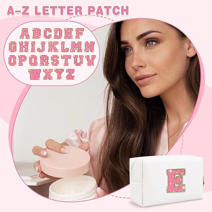 Small Personalized Initial A-Z Patch Makeup Bag,White Cute PU Leather Glitter Letter Cosmetic Bag for Teen Girls,Travel Toiletry Bag with Zipper,Preppy Monogrammed Birthday Gift for Daughter Niece E