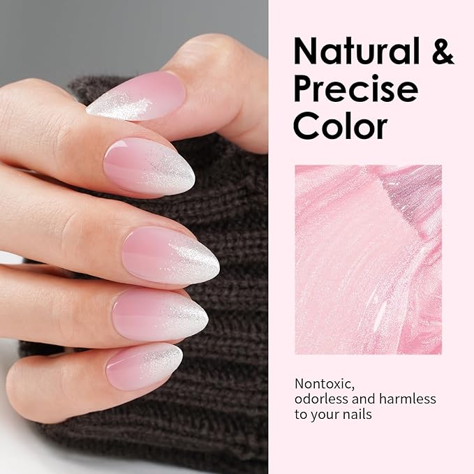 Canvalite Short Press On Nails, Almond Press on Nails Short Pink White Ombre Glossy Reusable Acrylic Fake Nails with Glue & Glue Remover Easy to Use 30Pcs Manicure Kit for Women
