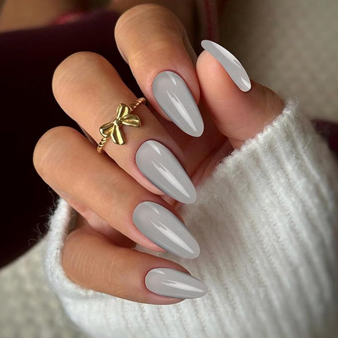 JONKASIPA French Pressed Glue Manicure - Gray Short Oval False Nails, Reusable Adhesive False Nails,Salon Quality 12 Sizes - 24pcs Nail Set