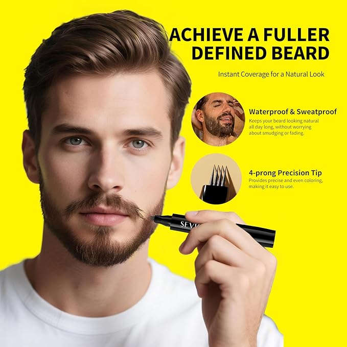 SEVICH Beard Pencil Filler for Men,Unique 4-Tip Beard Pen Resistant,Instantly Fills Sparse Areas & Covers Gaps,Waterproof & Sweat-Resistant,Natural Effects,Dark Brown,Natural Effects,Dark Brown