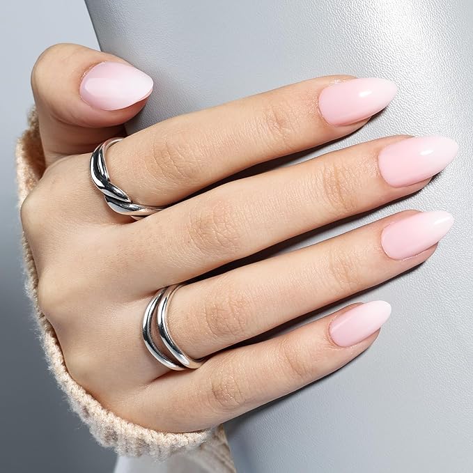 Leefrei Light Pink Press On Nails - Glossy Finish Pink Fade Press On Nails Short Almond Nails Press Ons for Women Fake Nails with Glue, Reusable Glue on Nail in 16 Sizes - 32pcs, Soft Blush
